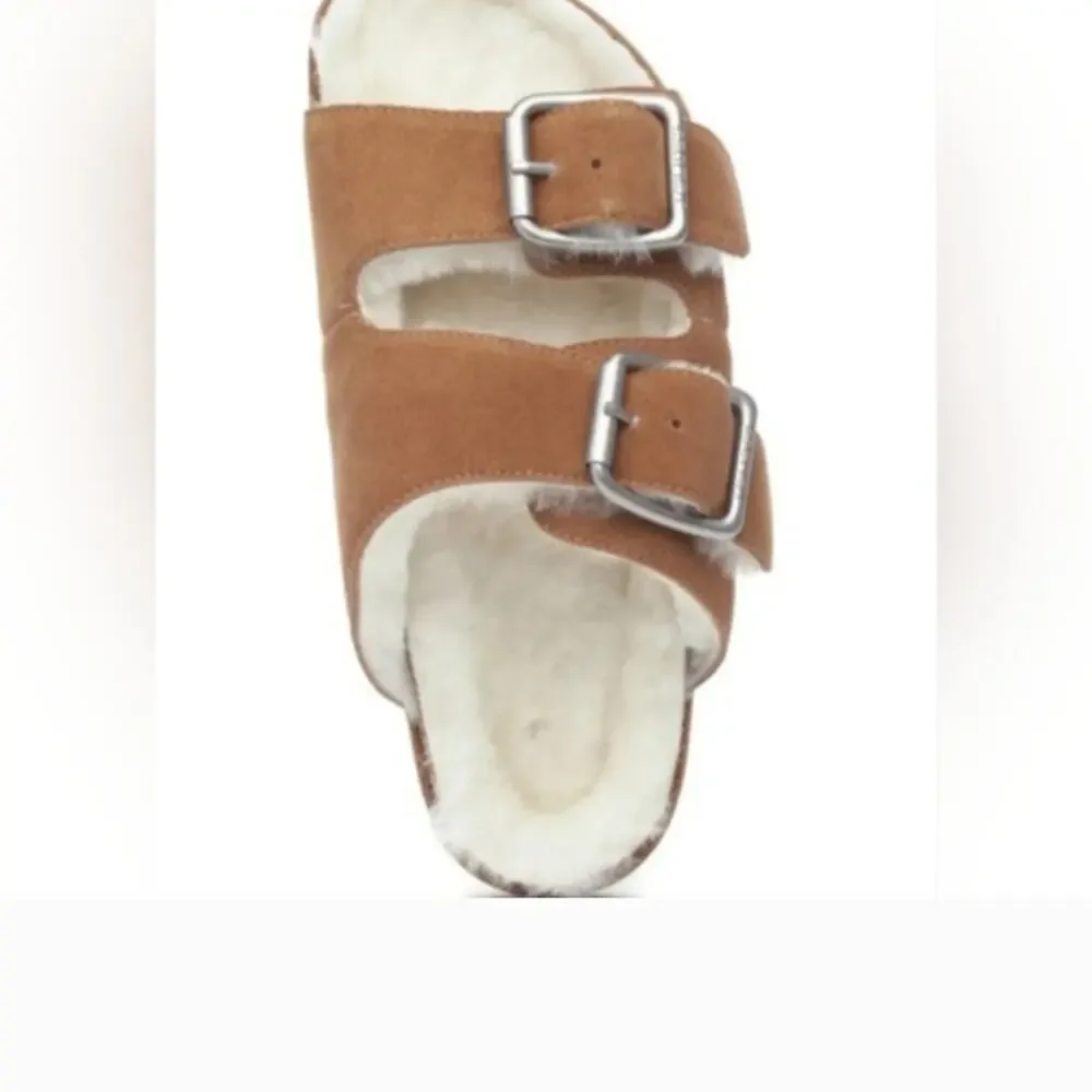 Anthropology J/Slides Lynx Cognac Suede Shearling Fur Lined Double Buckle Slides